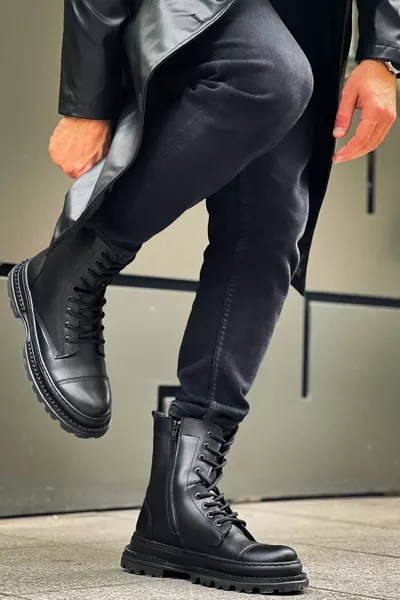  Crow Lace-Up Zipper Orthopedic Sole Casual Skin Men's Sport Postal Boots CST Black