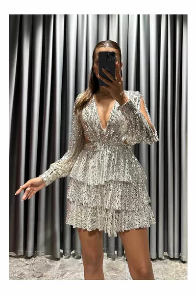 Жените бежов пайети пайети ръкави цепка обратно отворен ниско нарязани кратко сватба годеж обещание след рокля вечерни рокли