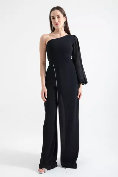 Women's Black Single Sleeve Long Evening Dress Jumpsuit