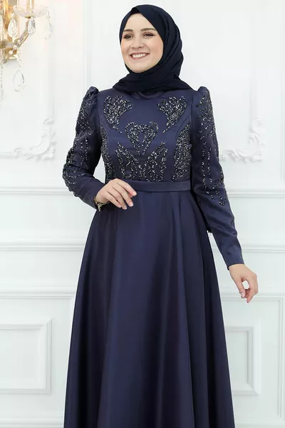 Азиатское атласное вечернее платье темно-синего цвета