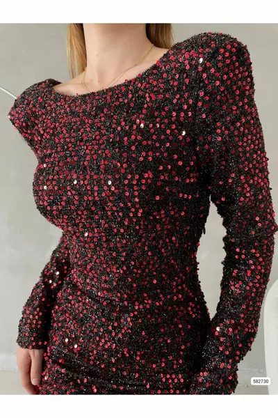 Long Sleeve Sequin Mini Evening Dress in Back Low-Cut