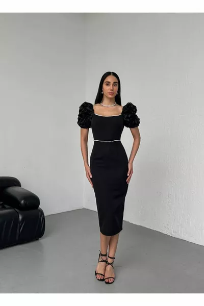 Перла квадратен врата черен Midi дължина вечерна рокля с рамото детайл