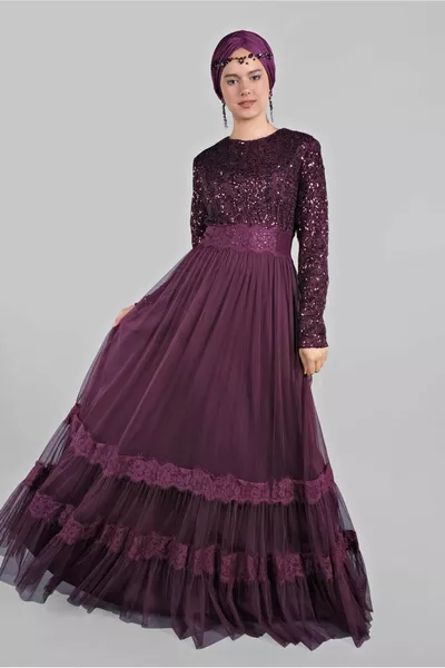 Robe de soirée détaillée en dentelle prune et tulle pour femme 