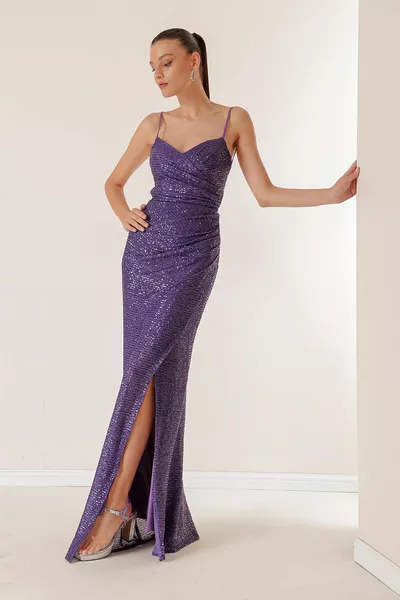 İp Askılı Önü Drapeli Arkası Bağcıklı Astarlı Uzun Pulpayet Elbise