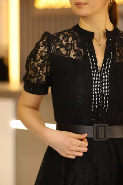 Black Short Length Half Sleeve Full Lace Fabric Stone Detailed Flared Evening Dress