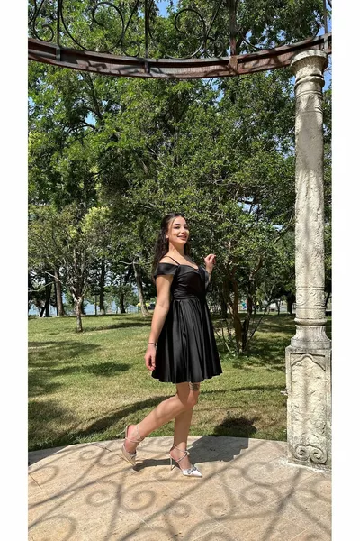 Collar Sequin Detailed Strap Satin Short Evening Dress