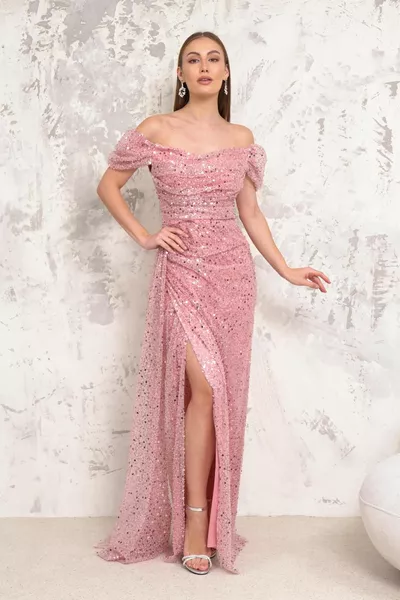 Boat Collar Pearl Sequin Powder Evening Dress