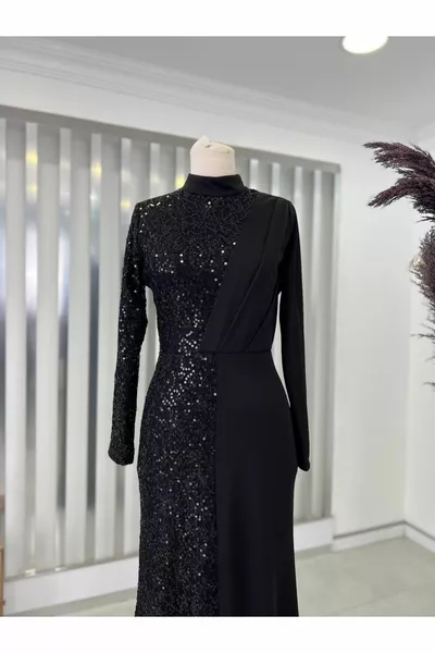 Sequined Azalea Хиджаб Вечерна рокля Черна