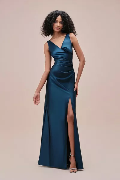 Satin Strap Slit Evening Dress