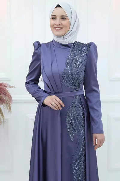 نسائي أزرق كحلي (نيلي) فستان سهرة مطرز بالترتر T 