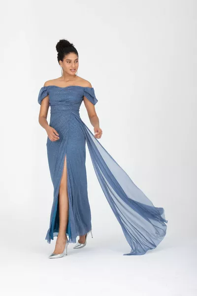 Damen Abendkleid, U-Boot-Ausschnitt, drapierter Schlitz, detailliertes langes Glitzerkleid / Indigo