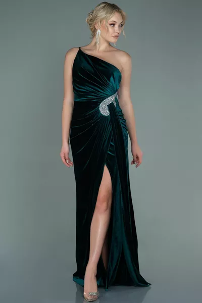 Изумрудено зелено едно рамо крак ниско нарязани дълго кадифе вечерна рокля 