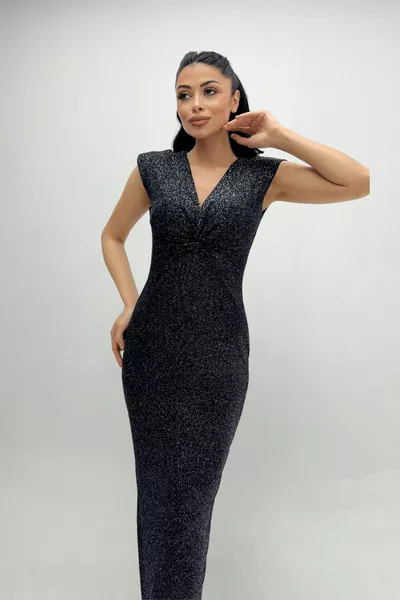 Glitter креп плат шнур подробни молив рокля - сребро