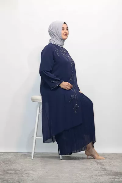 ПЛЮС РАЗМЕР ПОЛА ПЛИСИРАНА ОТПРЕД И РЪКАВ КАМЪК ШИФОН ВЕЧЕРНА РОКЛЯ