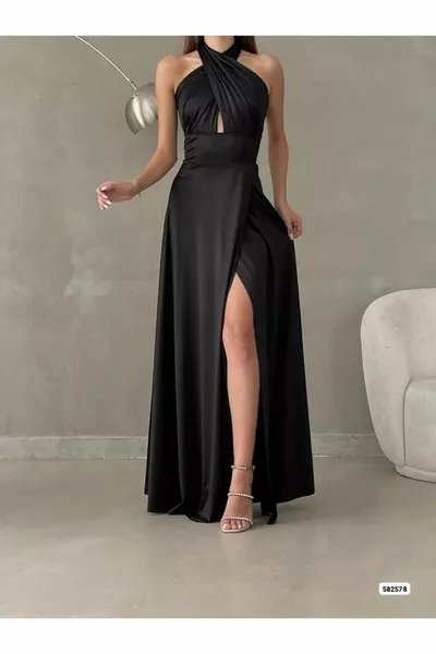 فستان سهرة أسود ساتان مع ربطة عنق