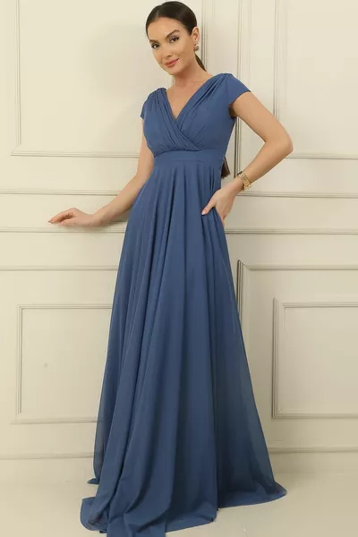 مزدوج الصدر طوق مسمار الأكمام دائرة كاملة واسعة اصطف الشيفون تول فستان طويل