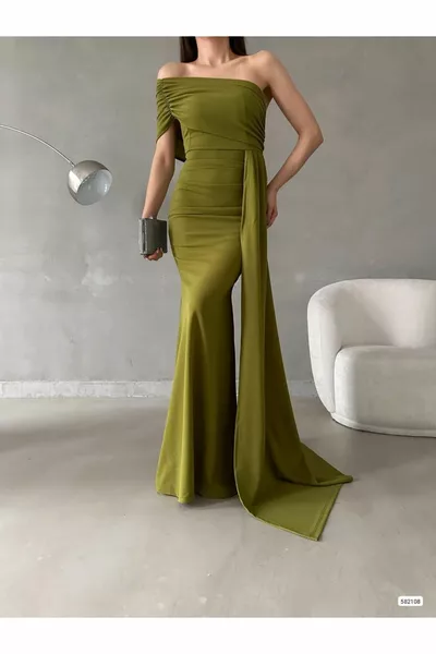 Едно рамо асиметричен дизайн шал подробно макси дължина вечерна рокля