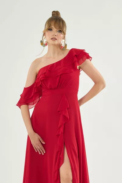 أحمر الشيفون الكتف flounce شق مساء اللباس