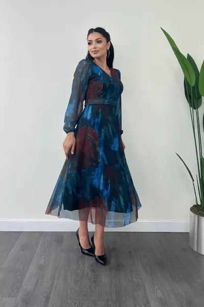 Рокля от тюл V-образно деколте Midi - СИНЬО