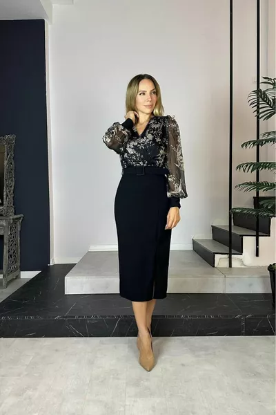  Шифон подробни колан молив рокля черен