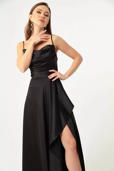 المرأة السوداء انتفخ شق الساتان ميدي طول مساء اللباس والتخرج اللباس