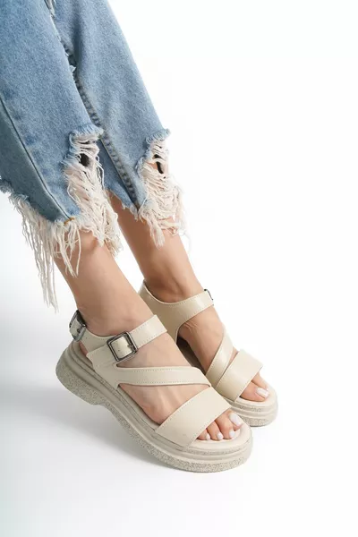 Бежови дамски кожени ортопедични сандали