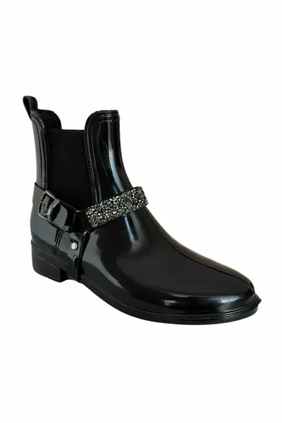 حذاء جزمة مطر نسائي بإبزيم بحزام رمادي - أسود