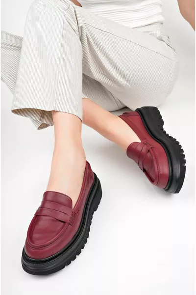 Cuir véritable Bourgogne Femmes Casual Semelle Épaisse Mocassins Chaussures De Mocassins 