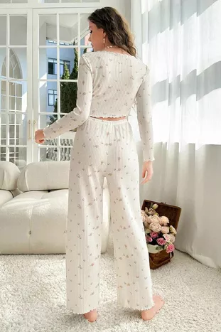 Özel Örme Kumaş Baskılı Uzun Kollu Pijama Takımı