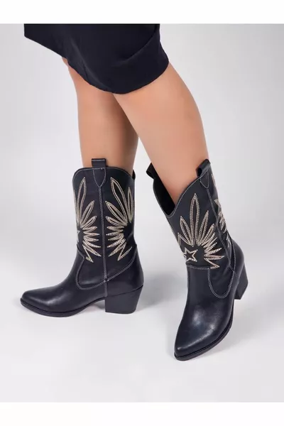 Zwarte Huid Westerse Decoratieve Geborduurde Cowboy Vrouwen Laarzen