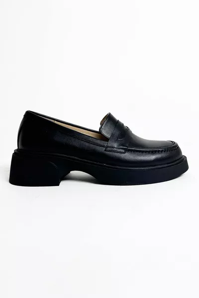 Schwarze Damen Echtleder Dicke Sohle Casual Loafer Schuhe