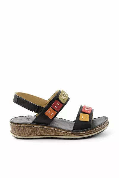 أسود متعدد الألوان جلد طبيعي الصنادل النسائية 