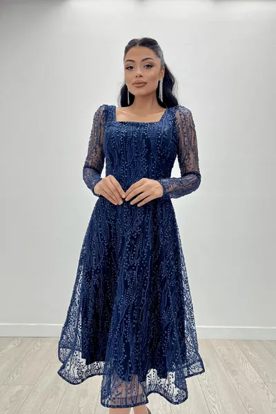 تول غليتر قماش بياقة مربعة فستان سهرة متوسط الطول - أزرق كحلي