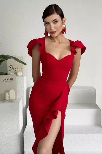 المرأة أطلس النسيج شق تصميم الكتف مفصلة انتفاخ ميدي الأحمر مساء اللباس 