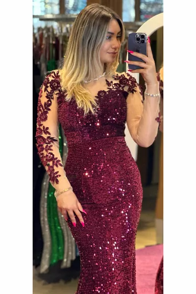 المرأة كم طويل الترتر ضيق صالح مساء اللباس الكرز 