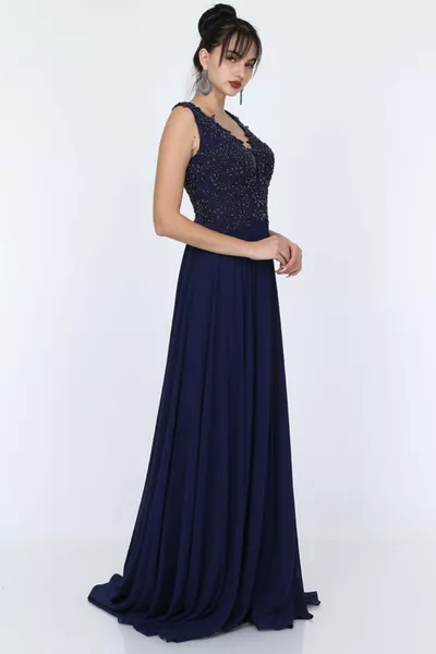 Тъмносиня апликация върху кристални мъниста бродирана пола шифон вечерна рокля