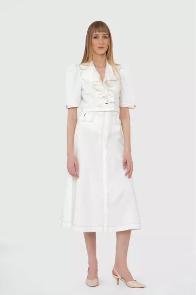 High Waist Midi Length Ecru Skirt with Contrast Stitching Detail