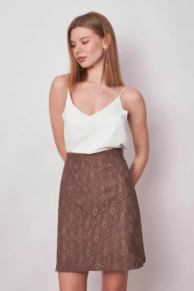 Jupe cloche en dentelle taille haute légère en tissu tissé flexible pour femmes (longueur : cm +-2cm) - Vison