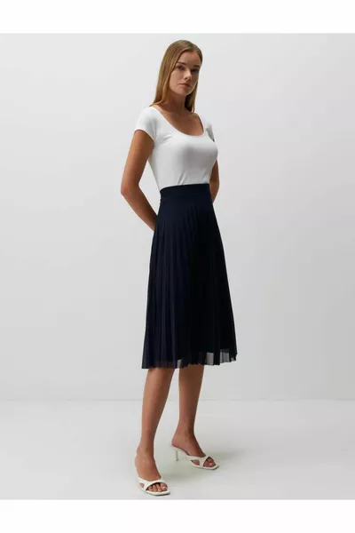Navy Blue High Waist Mesh Midi Skirt