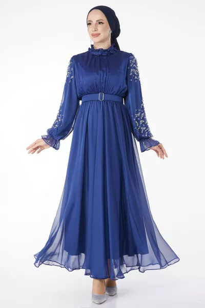 Straight Judge Neck Damen Marineblau Ärmel und Schulter Stein Detail Abendkleid - 
