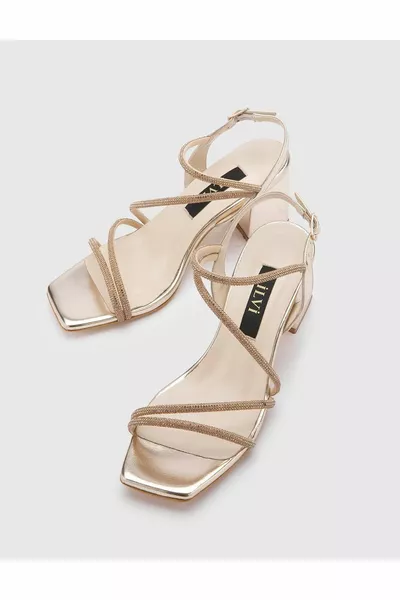 Nica echt lederen gouden sandalen met stenen hak voor dames
