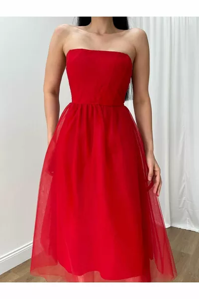 Вечерна рокля Дамска драпирана вталена кройка без презрамки Расклещена пола от тюл Миди рокля от тюл - Вечерна рокля и рокля за дипломиране