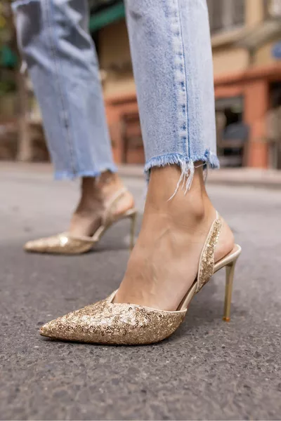 CLIJ FEMME ROBE DE SOIRÉE À TALONS PAILLETÉS DORÉS-CHAUSSURES DÉCONTRACTÉES