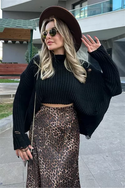 Gonna midi da donna in raso con stampa leopardata marrone con elastico in vita 