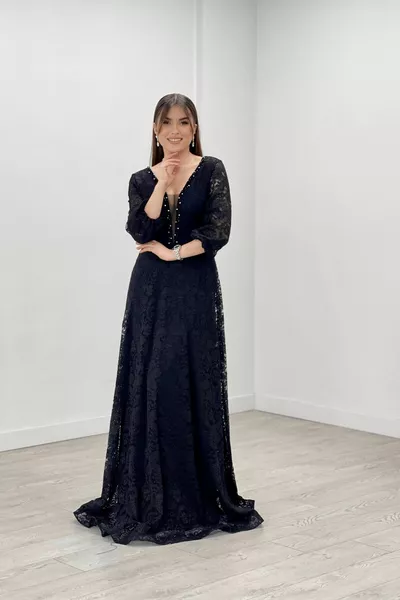 Guipure Lace Fabric Chest Bead Detailed Kiloş Evening Dress - BLACK
