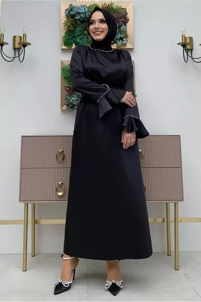 المرأة السوداء اللؤلؤ مفصلة حزام الساتان مساء اللباس T 