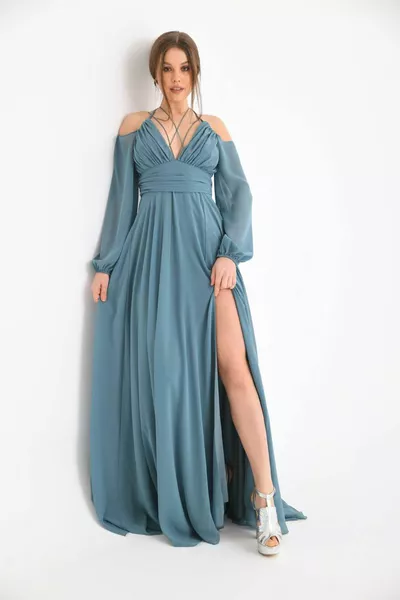 Дамска ментова цепка детайлна вечерна рокля от шифон 