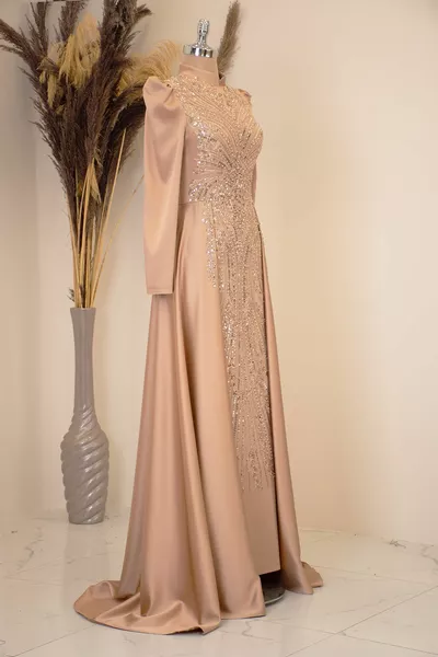 Tailed Drop Hijab Evening Dress Mink