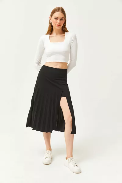 المرأة السراويل السوداء شق مطوي تنورة ميدي مفصلة 