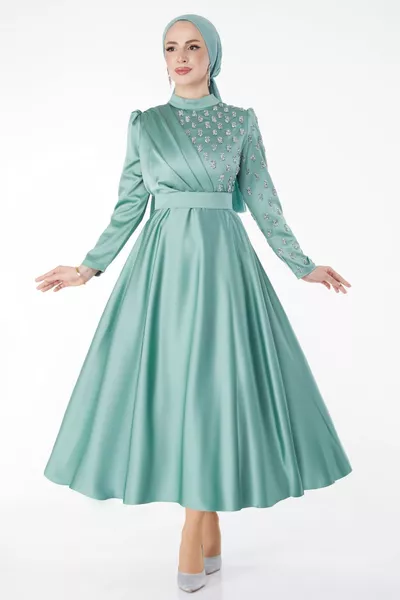 Straight Judge Collar Women's Green Embroidered Stone Detailed Evening Dress - 